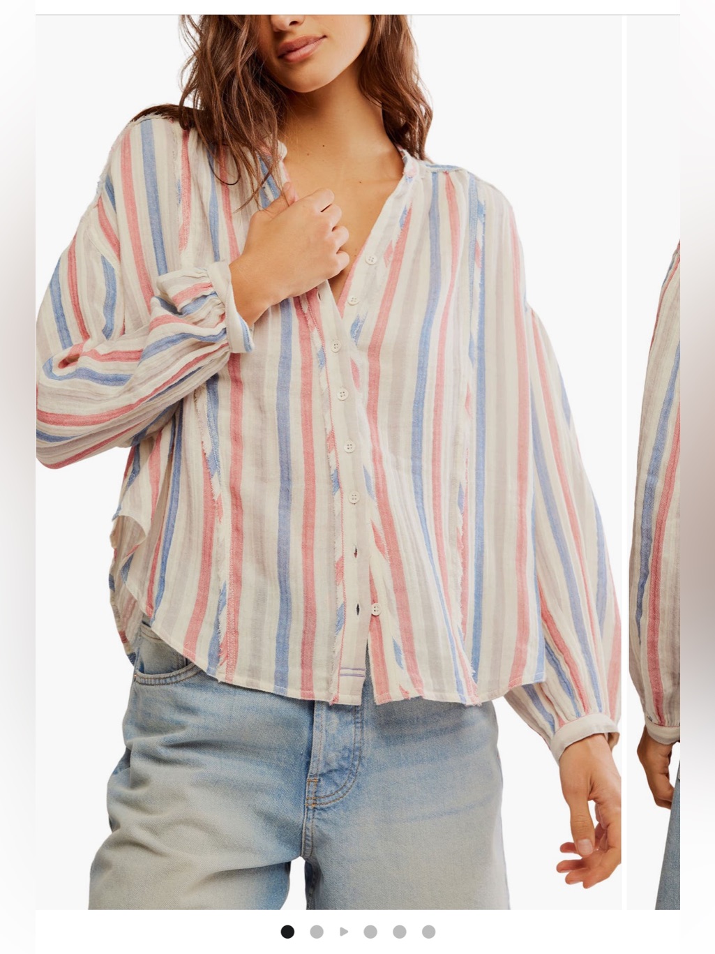 Free People Striped Button-Front Peasant Blouse In Pastel Blue And Pink